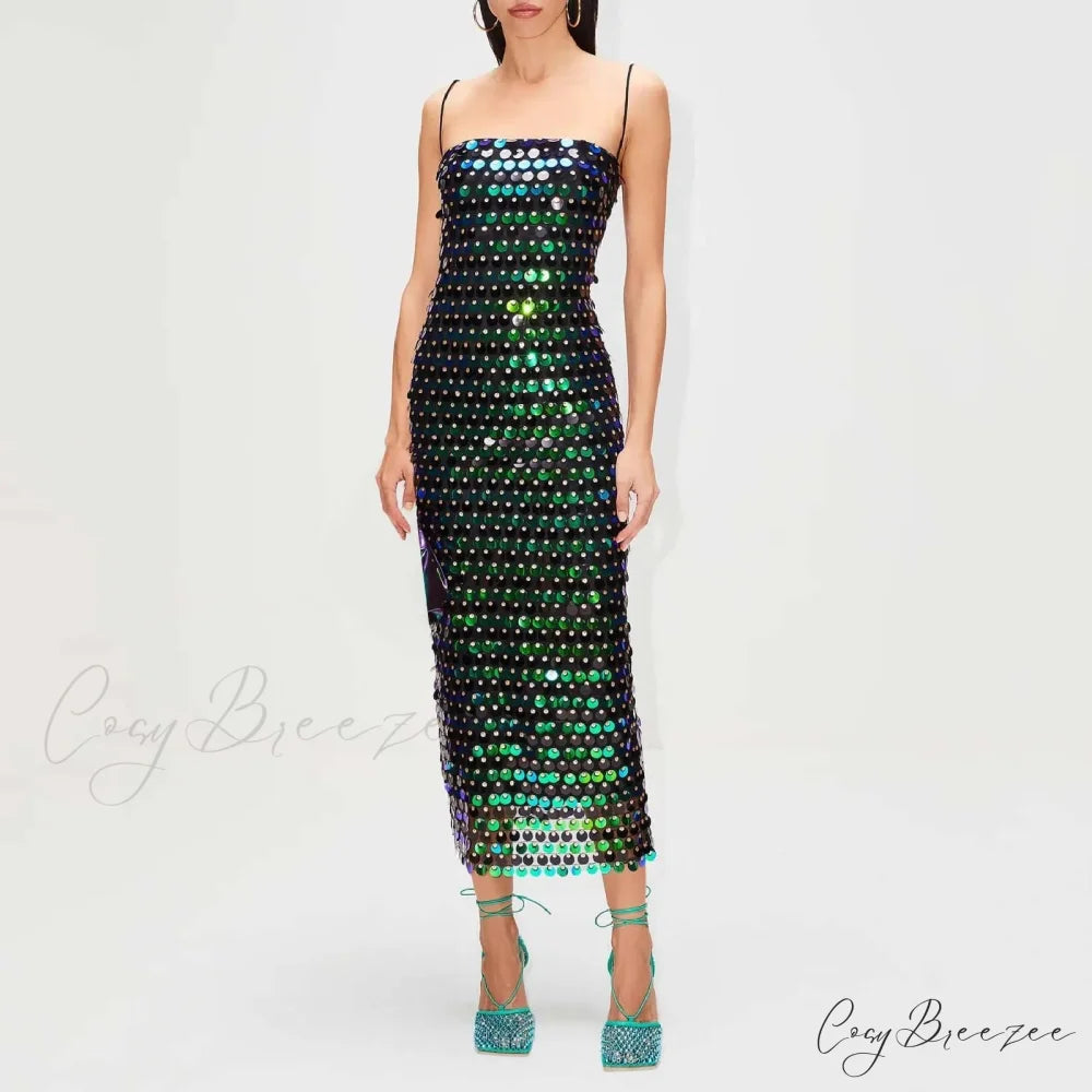 Sexy Suspender Slim Sequin Sleeveless Sling Cocktail Evening Gown Chic Lady Elegant Sequins Backless Party Dress Green