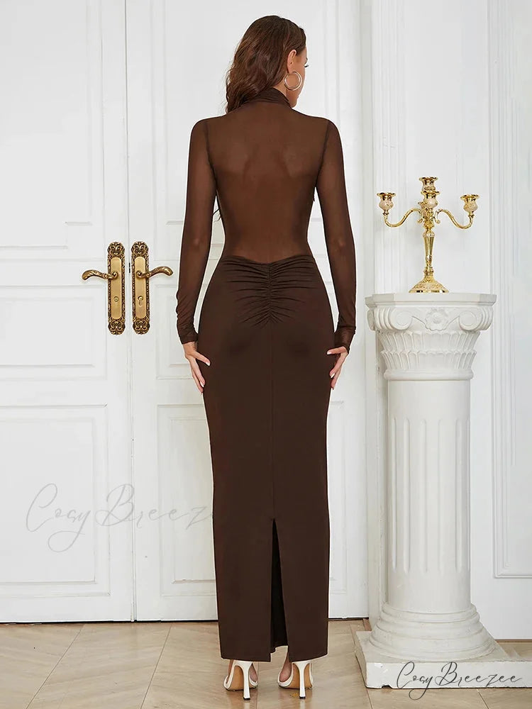 Sexy Turtleneck Mesh Patchwork Folds Brown Long Sleeve Draped Christmas Party Dress