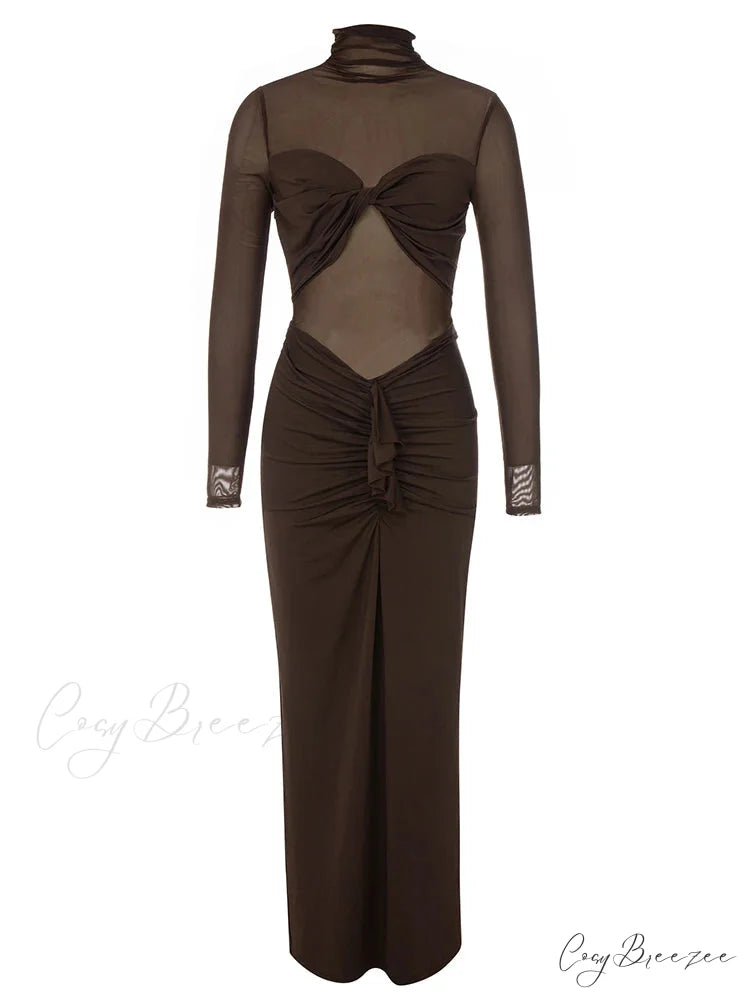 Sexy Turtleneck Mesh Patchwork Folds Brown Long Sleeve Draped Christmas Party Dress Brown / XS