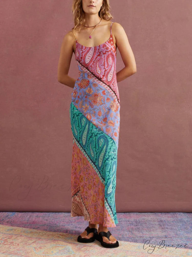 Sexy U-Neck Backless Bosnian Graceful Print Suspender Maxi Dress Multicolor / S