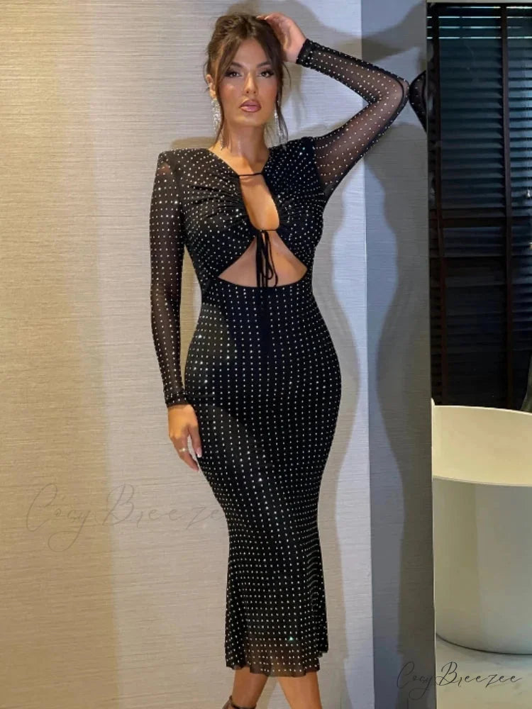 Sexy V Neck Cutout Long Sleeve Glitter Diamonds Black Christmas Party Dress Black / S