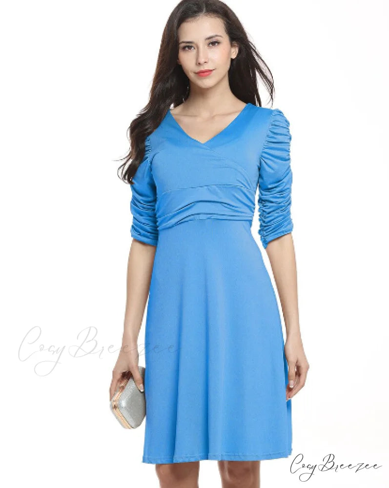 Sexy V-neck Pleated Short-sleeved Solid Color Dress S / RED