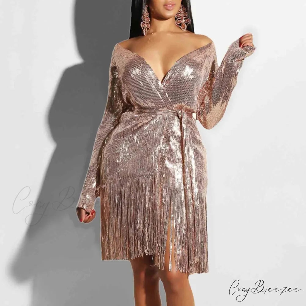 Sexy Vintage Elegant Black Maxi Sequined Summer Tassel Short-Sleeve Cocktail Party Vestidos Dress KHAKI / S