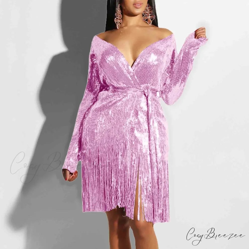 Sexy Vintage Elegant Black Maxi Sequined Summer Tassel Short-Sleeve Cocktail Party Vestidos Dress Pink / S