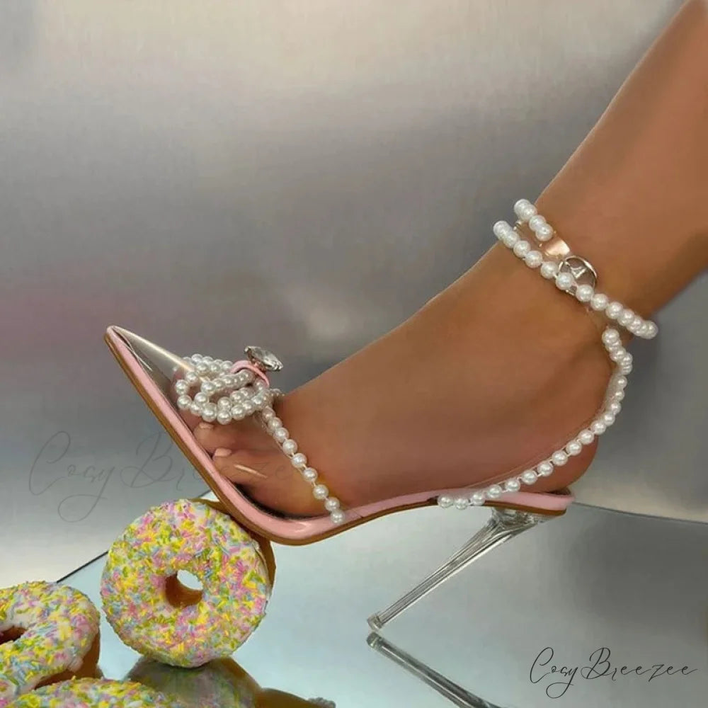 Sexy White String Bead Transparent High Heels Summer Fashion Butterfly-Knot Clear Sandals Pointed Toe Pumps