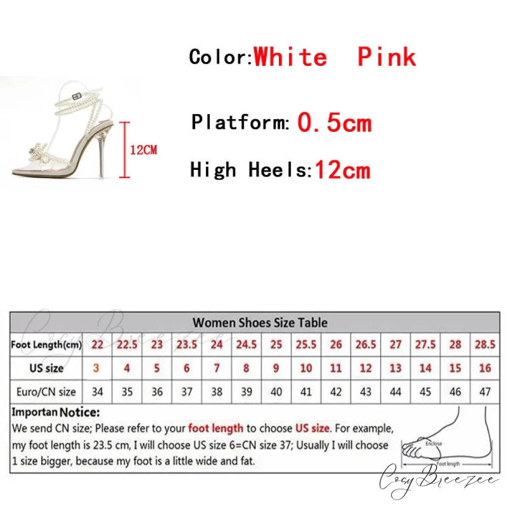 Sexy White String Bead Transparent High Heels Summer Fashion Butterfly-Knot Clear Sandals Pointed Toe Pumps