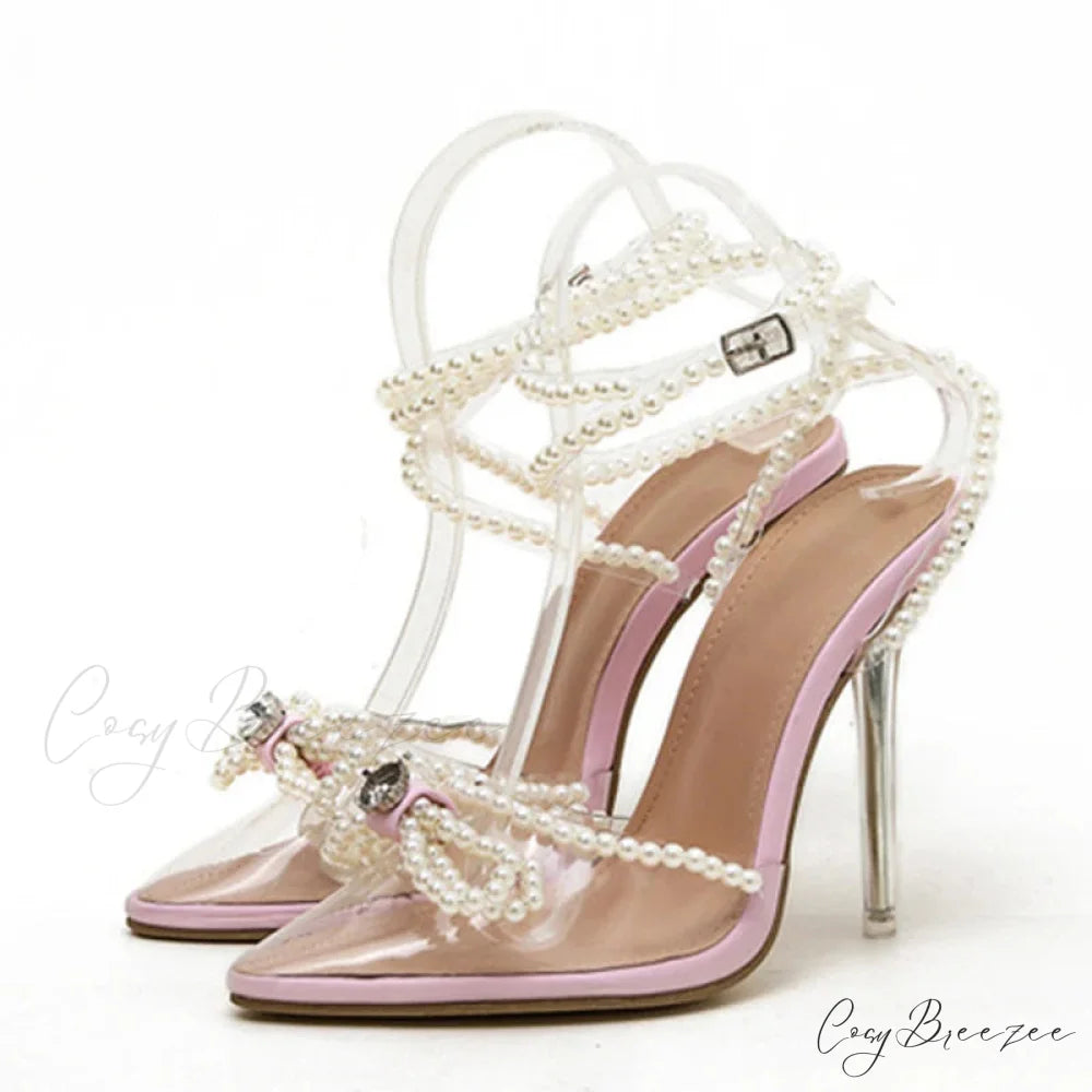 Sexy White String Bead Transparent High Heels Summer Fashion Butterfly-Knot Clear Sandals Pointed Toe Pumps Pink / 35