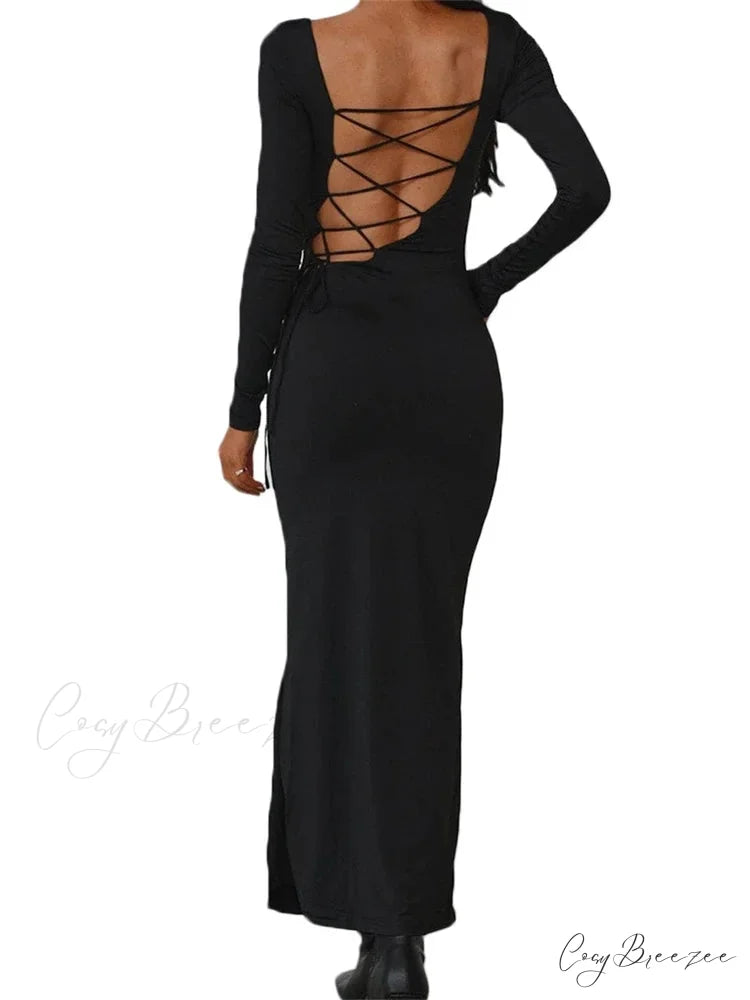 Sexy Women Backless Hollow Out Criss-cross Tie-up Sleeve Black Solid Slim Fit Party Vestidos Black / S