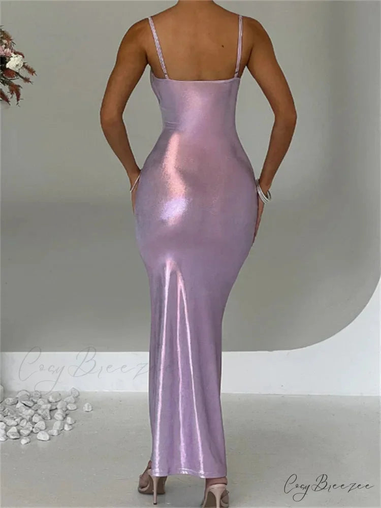 Sexy Women Bodycon Solid Metallic Sleeveless Strap Summer Backless Party Female Vestidos Streetwear