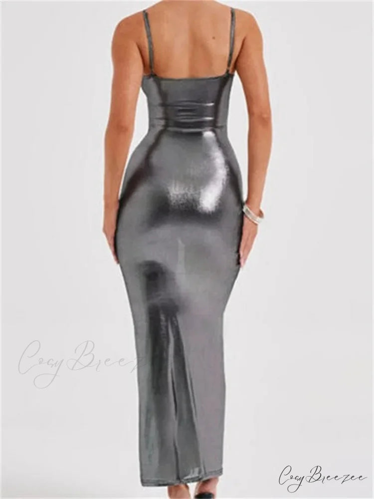 Sexy Women Bodycon Solid Metallic Sleeveless Strap Summer Backless Party Female Vestidos Streetwear