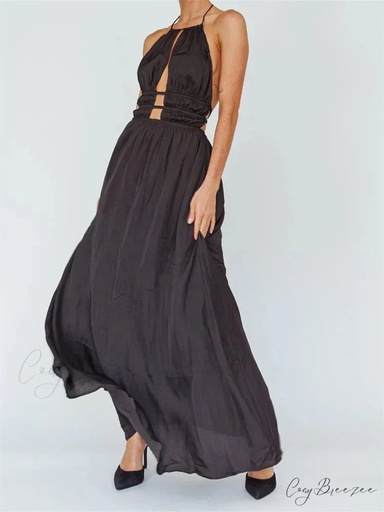 Sexy Women Halter Tie-up Sleeveless Backless Solid Color Cocktail Formal Party Ruched Vestidos