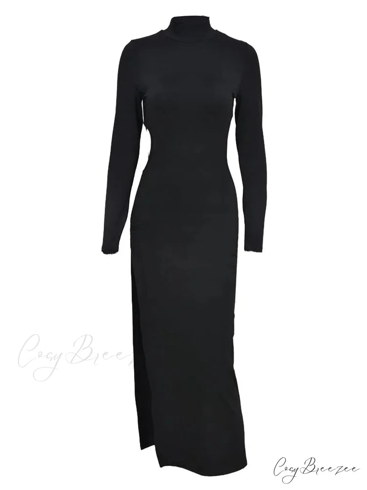 Sexy Women High Split Sleeve High Neck Solid Evening Side Cutout Bodycon Female Vestidos