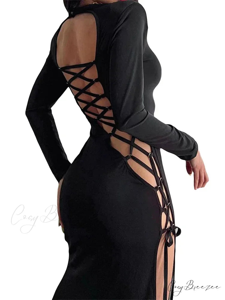 Sexy Women Hollow Out Backless Summer Sleeve High Split Tie Up Round Neck Party Vestidos