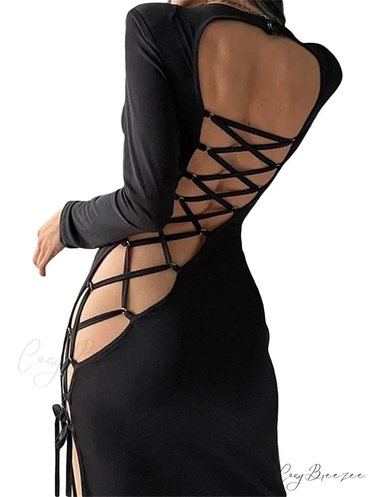 Sexy Women Hollow Out Backless Summer Sleeve High Split Tie Up Round Neck Party Vestidos