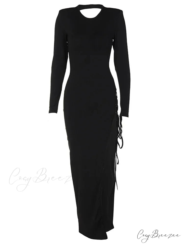 Sexy Women Hollow Out Backless Summer Sleeve High Split Tie Up Round Neck Party Vestidos