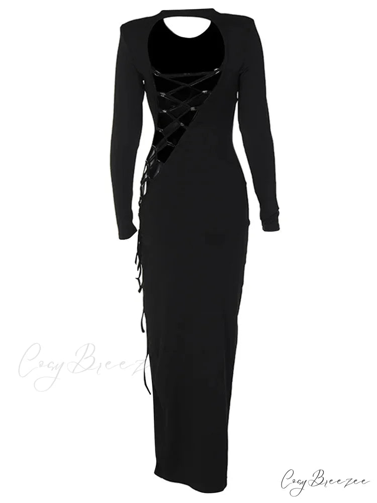 Sexy Women Hollow Out Backless Summer Sleeve High Split Tie Up Round Neck Party Vestidos