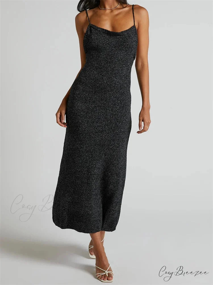 Sexy Women Knitted Summer Solid Color Sleeveless Spaghetti Strap Low Cut O-neck Backless Vestidos BLACK / S