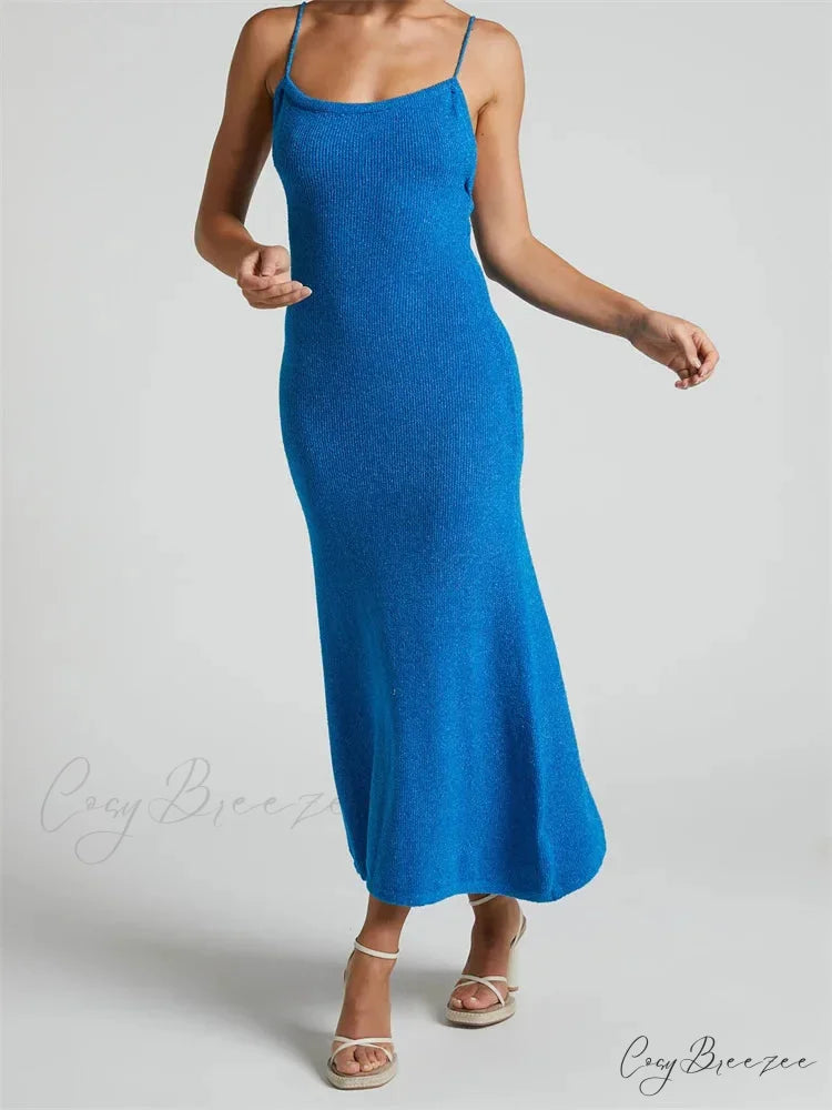 Sexy Women Knitted Summer Solid Color Sleeveless Spaghetti Strap Low Cut O-neck Backless Vestidos BLUE / S