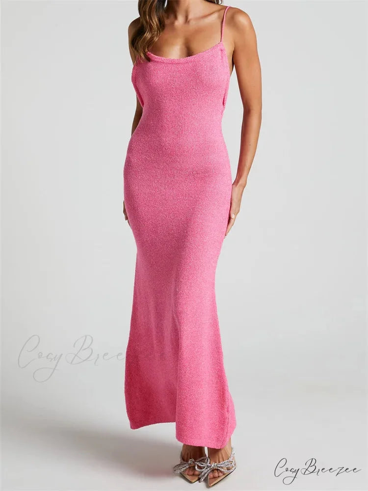Sexy Women Knitted Summer Solid Color Sleeveless Spaghetti Strap Low Cut O-neck Backless Vestidos PINK / S