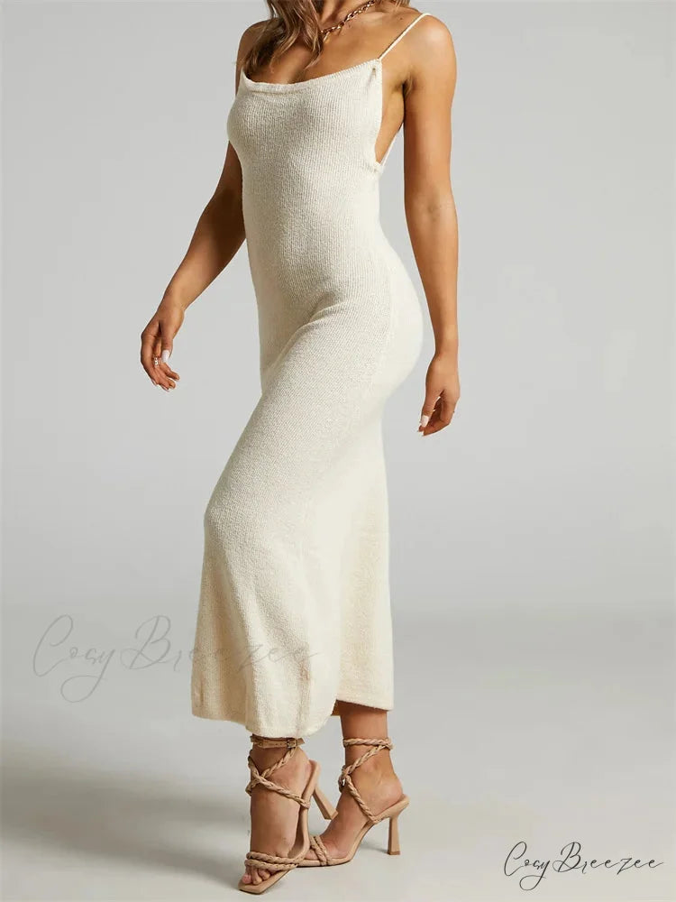 Sexy Women Knitted Summer Solid Color Sleeveless Spaghetti Strap Low Cut O-neck Backless Vestidos WHITE / S