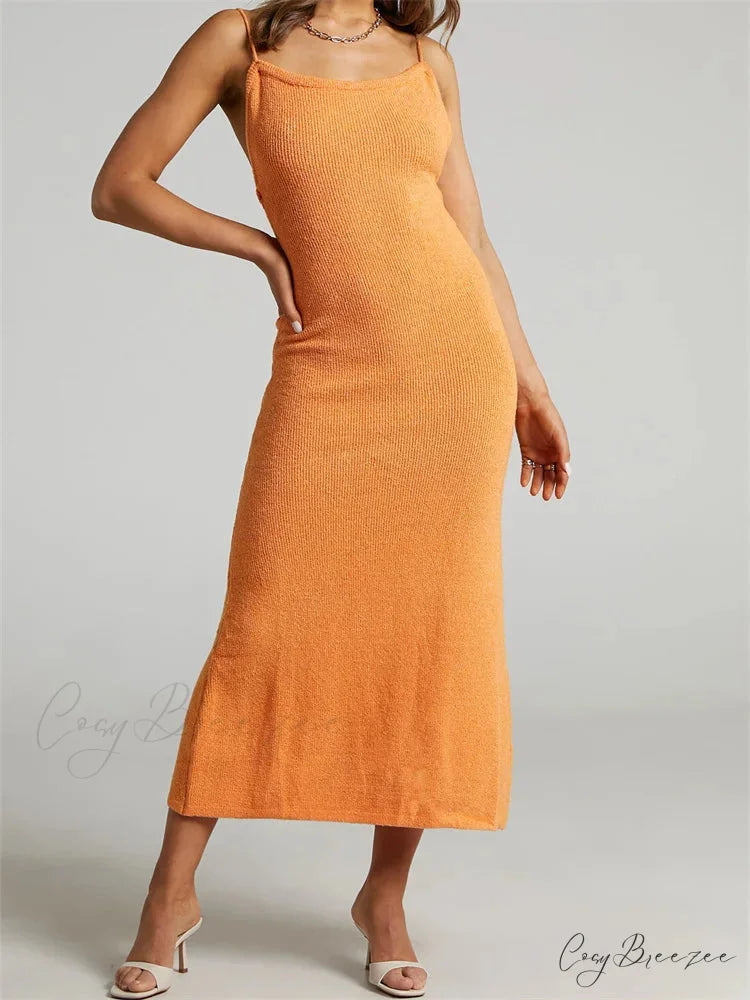 Sexy Women Knitted Summer Solid Color Sleeveless Spaghetti Strap Low Cut O-neck Backless Vestidos YELLOW / S