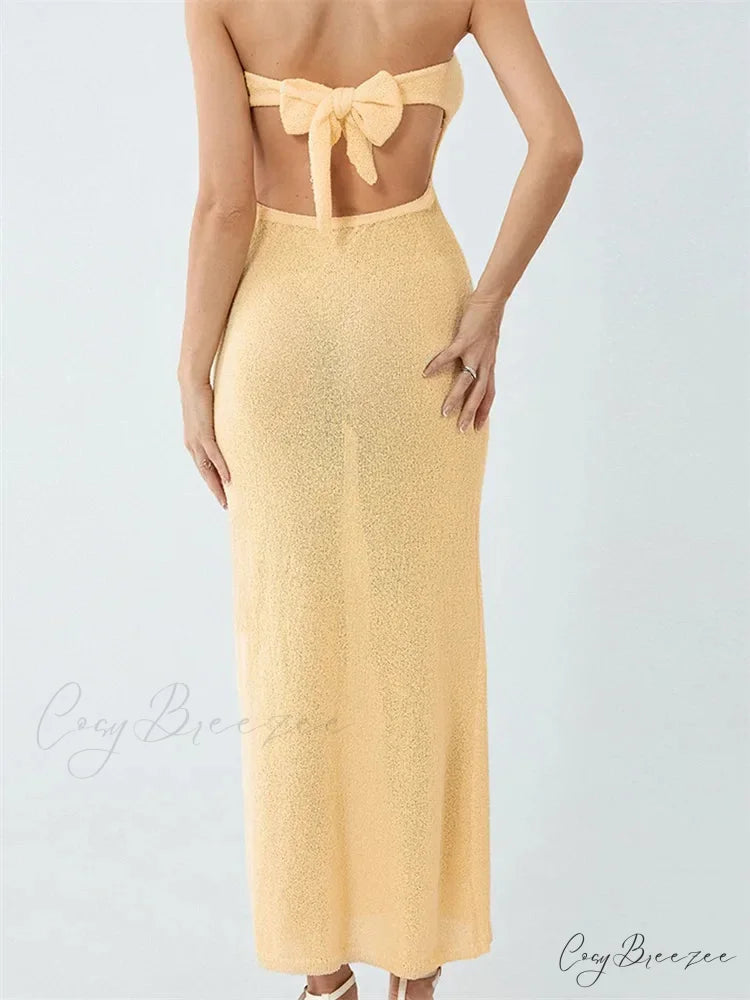 Sexy Women Knitted Tube Strapless Off Shoulder Solid Summer Tie-up Backless Beach Female Vestidos