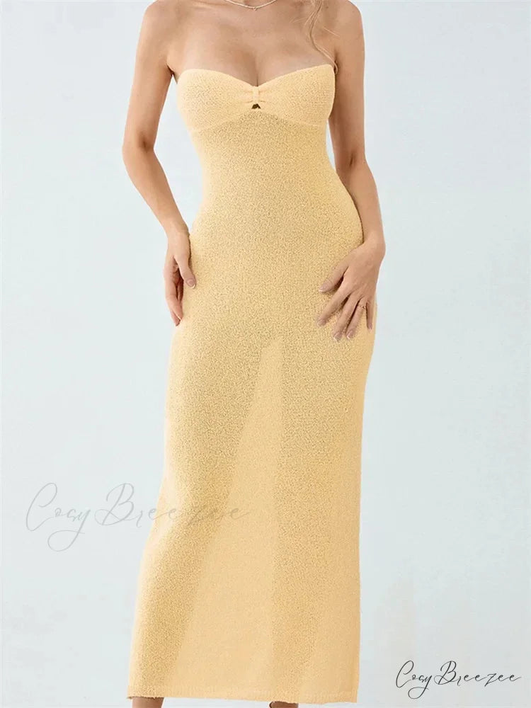 Sexy Women Knitted Tube Strapless Off Shoulder Solid Summer Tie-up Backless Beach Female Vestidos