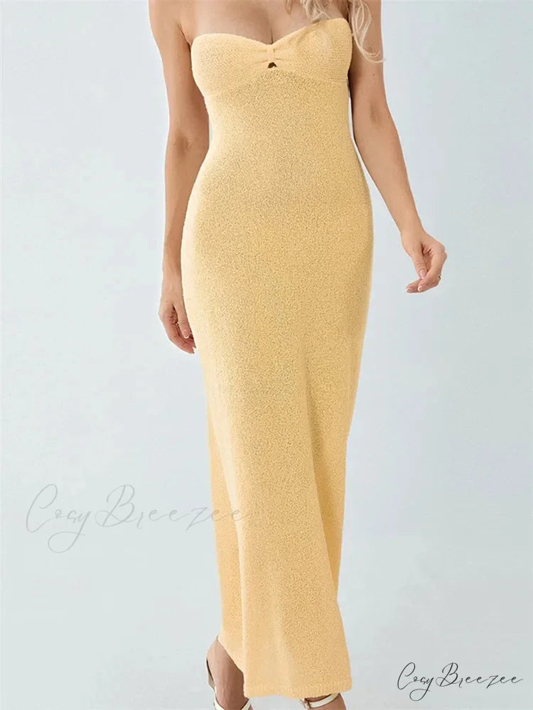 Sexy Women Knitted Tube Strapless Off Shoulder Solid Summer Tie-up Backless Beach Female Vestidos YELLOW / S