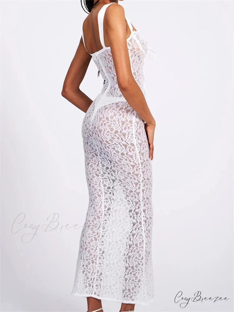 Sexy Women Lace Floral Sling Mesh See-Through Sleeveless Strap Low Cut Summer Backless Party Vestido