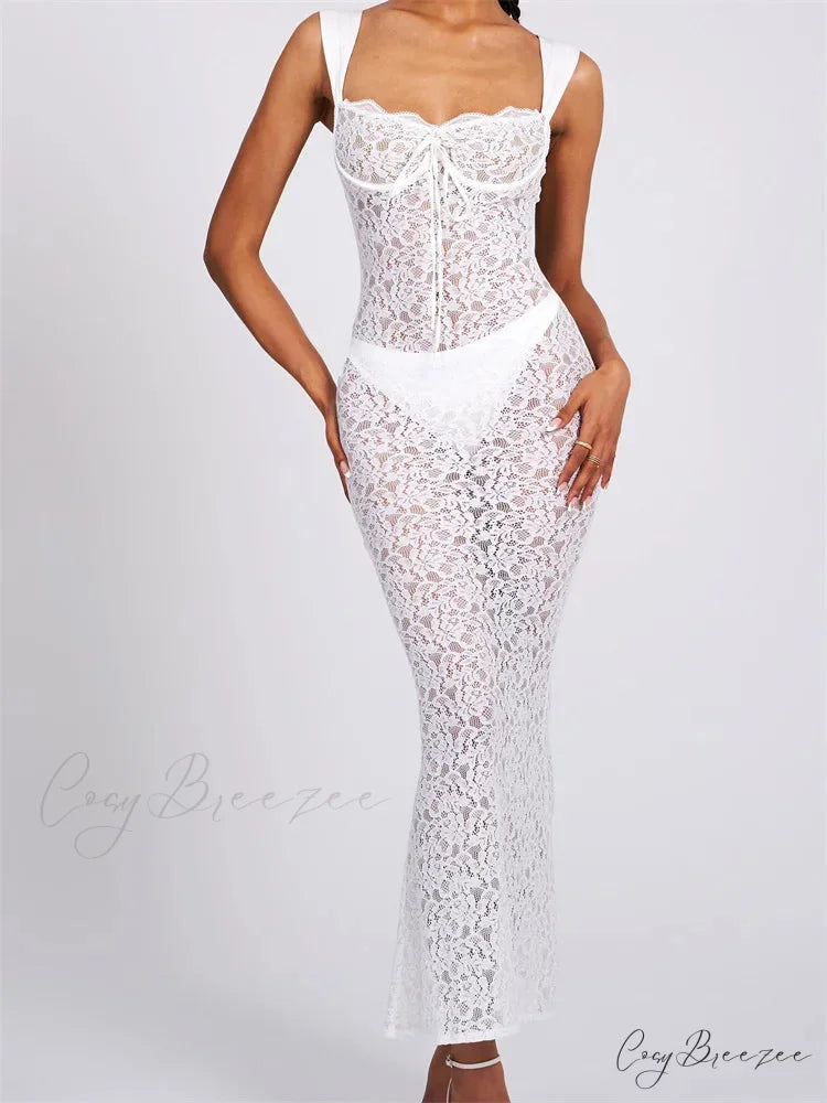 Sexy Women Lace Floral Sling Mesh See-Through Sleeveless Strap Low Cut Summer Backless Party Vestido