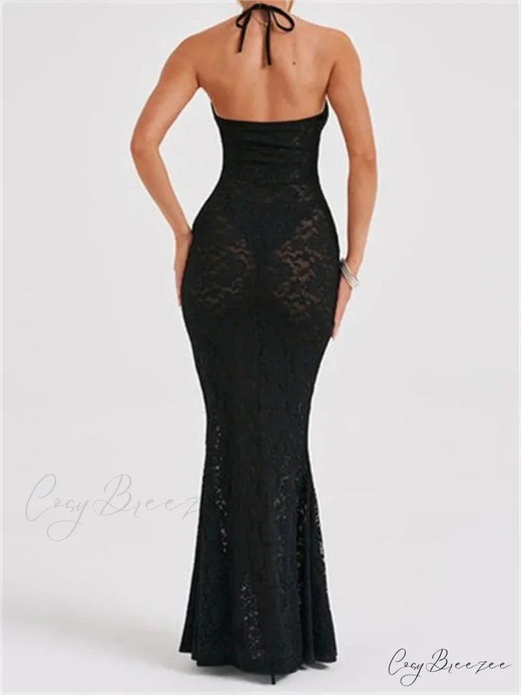 Sexy Women Lace Sexy Mesh See Through Summer Off Shoulder V-neck Halter Black Beach Female Vestidos