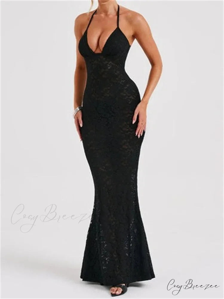 Sexy Women Lace Sexy Mesh See Through Summer Off Shoulder V-neck Halter Black Beach Female Vestidos
