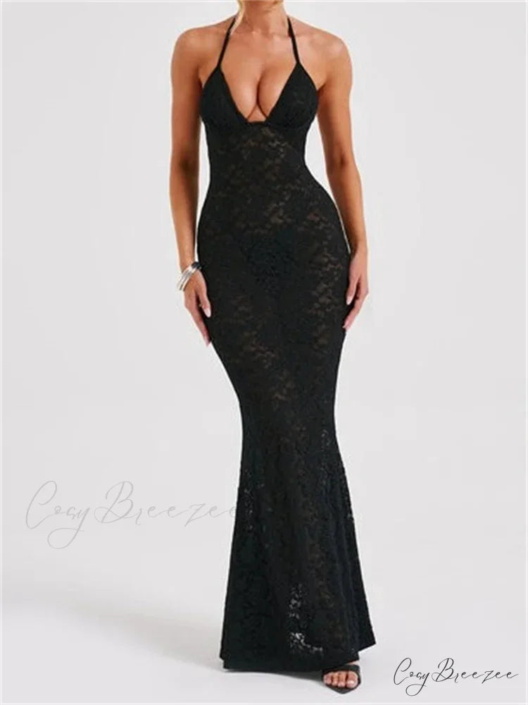 Sexy Women Lace Sexy Mesh See Through Summer Off Shoulder V-neck Halter Black Beach Female Vestidos