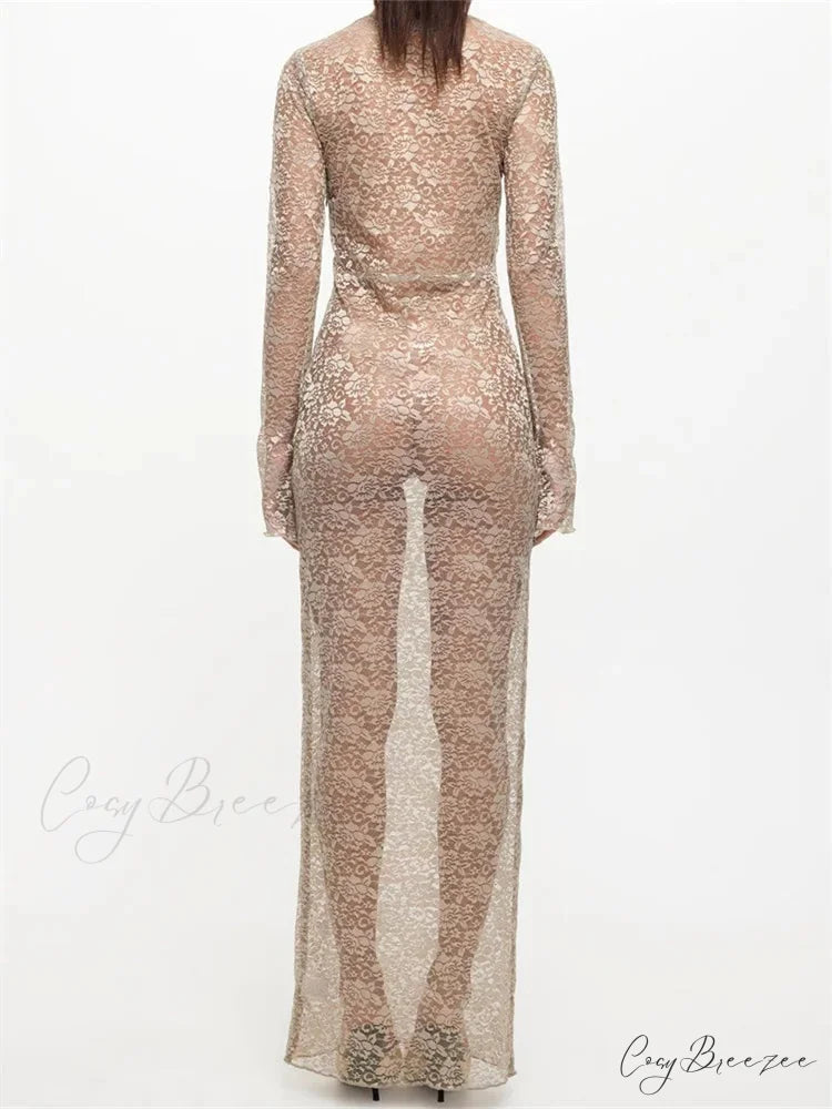 Sexy Women Lace Party Sleeve Crew Neck Front Hollow Out Cocktail Mesh See-Through Vestidos