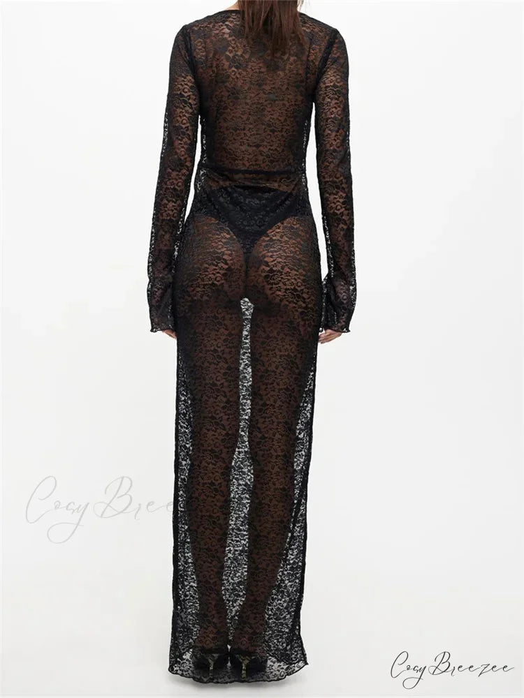 Sexy Women Lace Party Sleeve Crew Neck Front Hollow Out Cocktail Mesh See-Through Vestidos