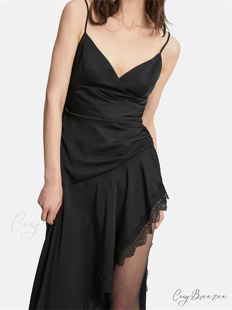 Sexy Women Side High Split Sleeveless Strap V-neck Lace Patchwork Summer Cocktail Party Vestido