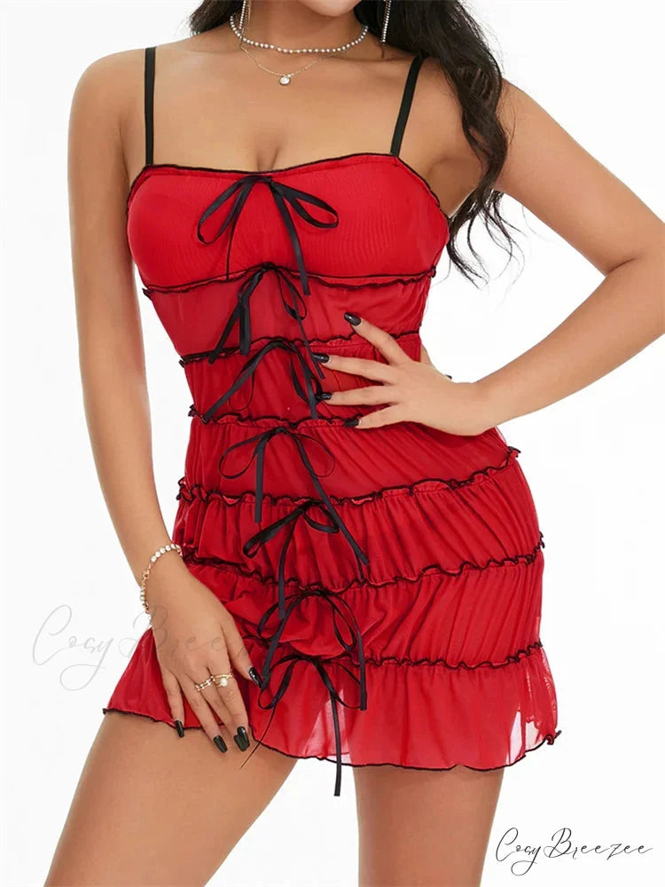 Sexy Women Sleeveless Casual Sling Spaghetti Strap See Through Tie-up Sexy Y2K Party Vestidos RED / S