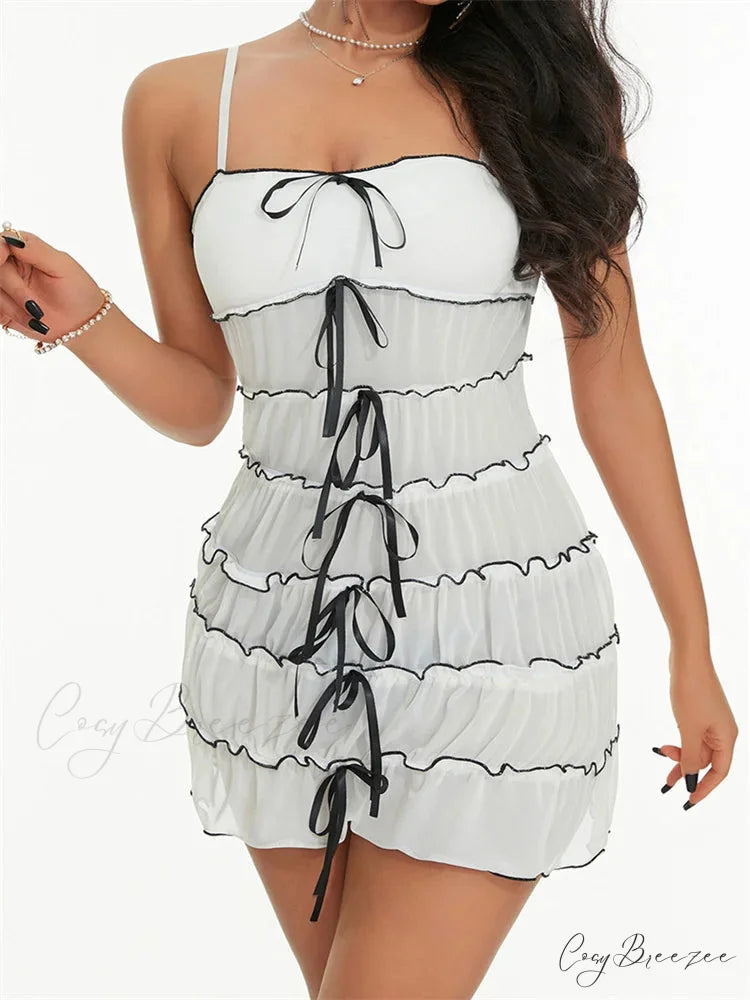 Sexy Women Sleeveless Casual Sling Spaghetti Strap See Through Tie-up Sexy Y2K Party Vestidos WHITE / S
