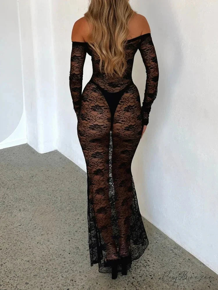 Sexy Women Slim Mesh Sheer Lace Flower See Through -Sleeve Off Shoulder Spring Summer Vestidos