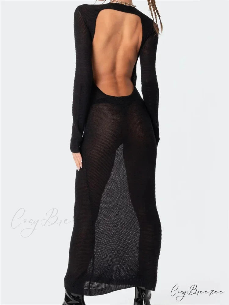 Sexy Women Summer Autumn Party Solid Round Neck Sleeve Backless Knitted Female Vestido Clubwear BLACK / S