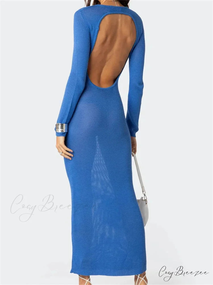 Sexy Women Summer Autumn Party Solid Round Neck Sleeve Backless Knitted Female Vestido Clubwear BLUE / S
