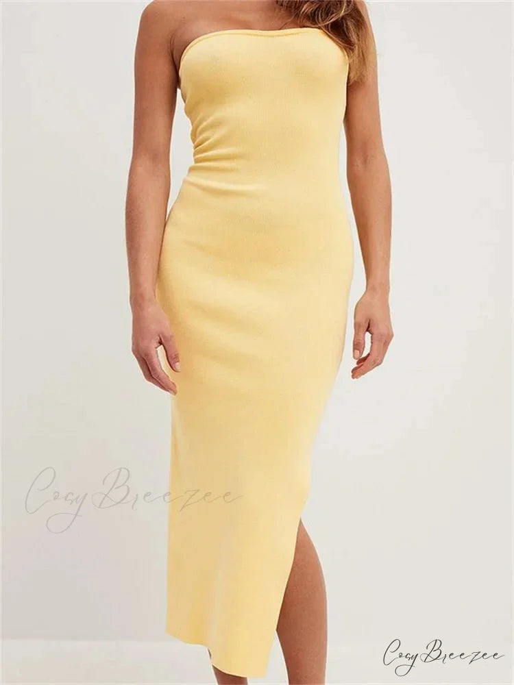 Sexy Women Tube Solid Strapless Off Shoulder Backless Summer Side Split Party Knitted Vestidos YELLOW / S