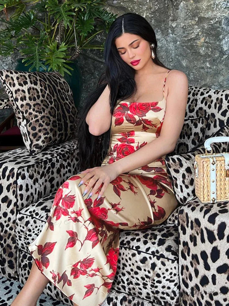 Sexy Y2K Floral Print Backless Bodycon Midi Dress floraldress-250126