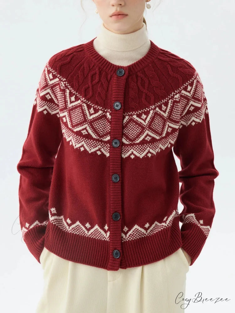 Sheep Wool Round Neck Cable Cardigan