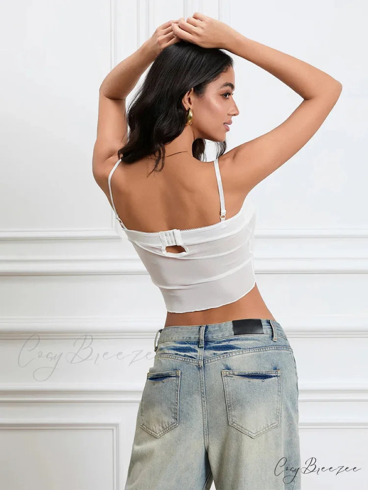 Sheer Camis Sweetheart Bow Spaghetti Strap Crop Top croptop-250126