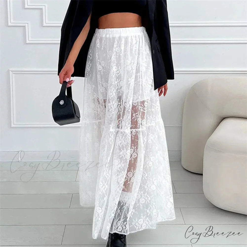 Sheer Floral Lace Elastic High Waist A-Line Long Skirt Vacation Party skirt-250126