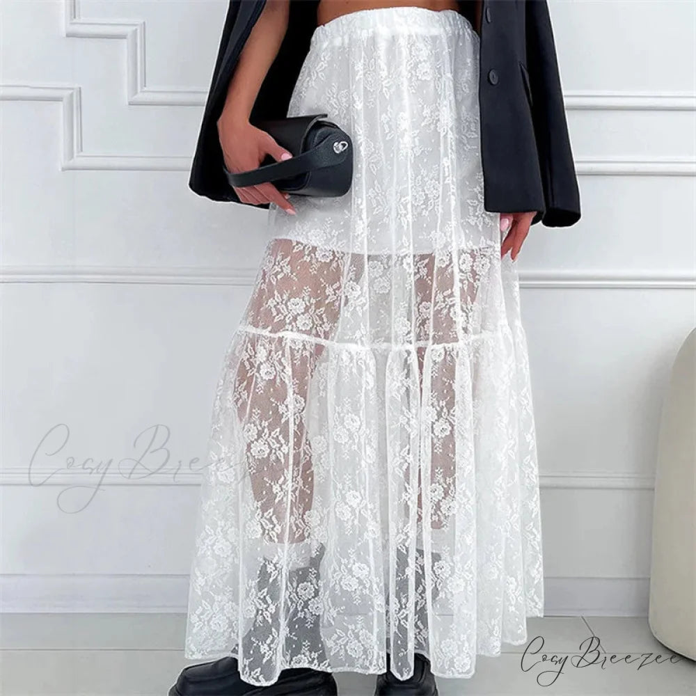 Sheer Floral Lace Elastic High Waist A-Line Long Skirt Vacation Party skirt-250126