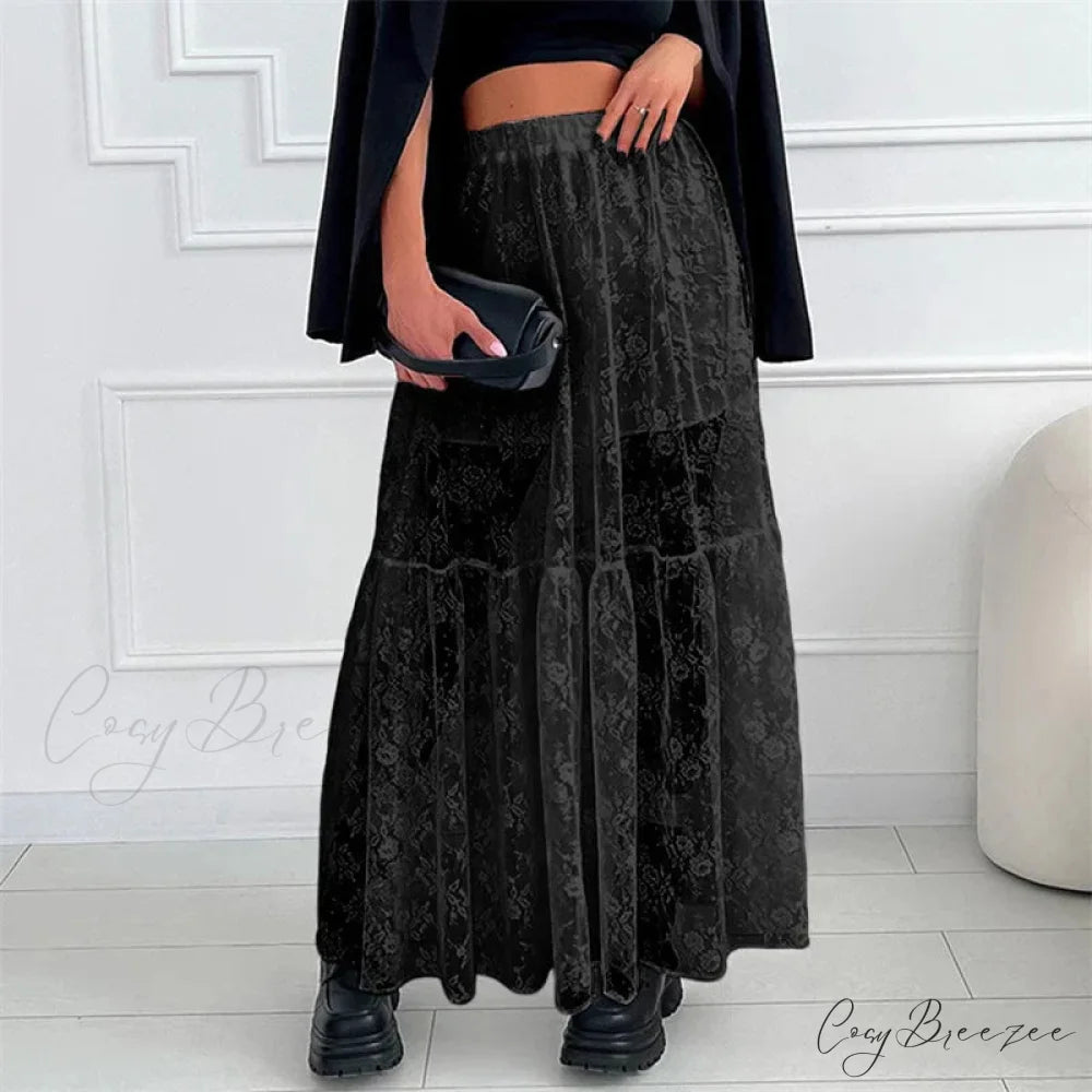 Sheer Floral Lace Elastic High Waist A-Line Long Skirt Vacation Party BLACK / S skirt-250126