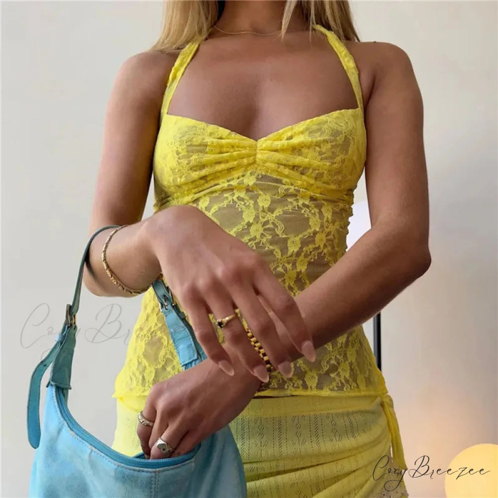 Sheer Halter Bandage Crop Top Yellow / S croptop-250223