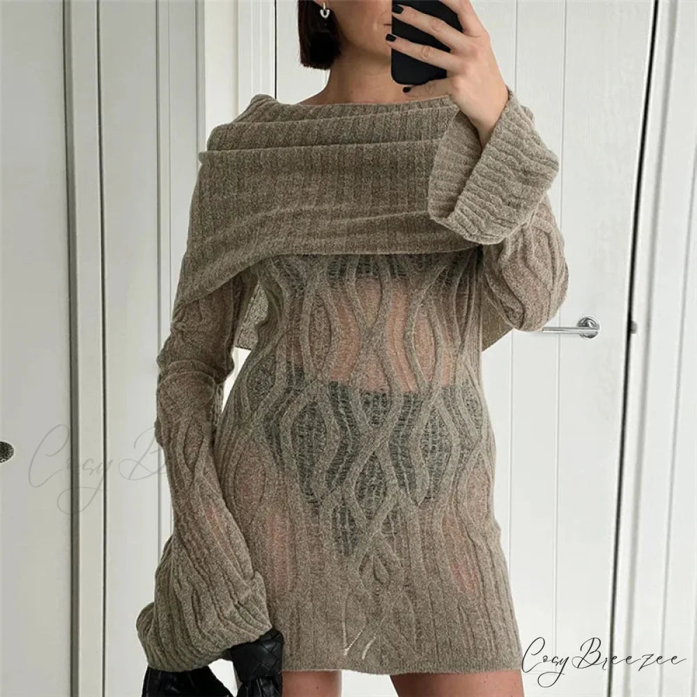 Sheer Knitted Stylish Off-Shoulder Mini Dress